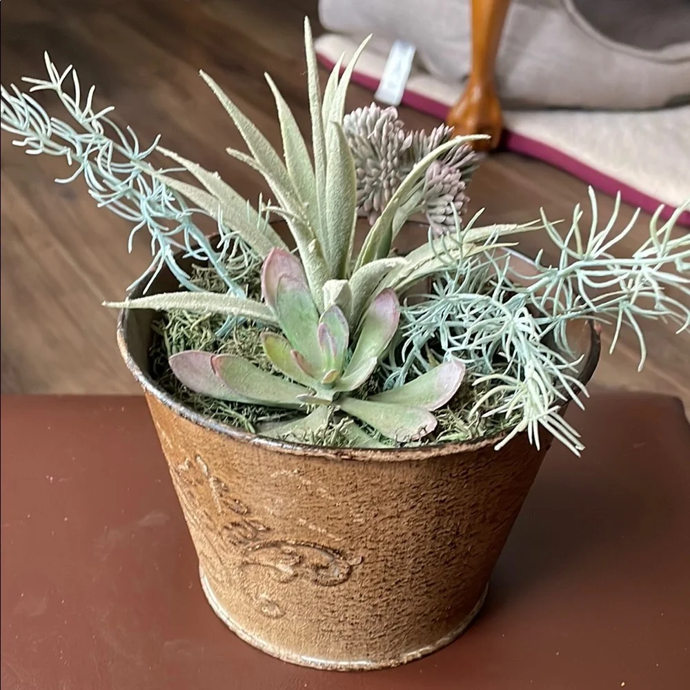 Rustic Brown Planter with Green Faux Succulents